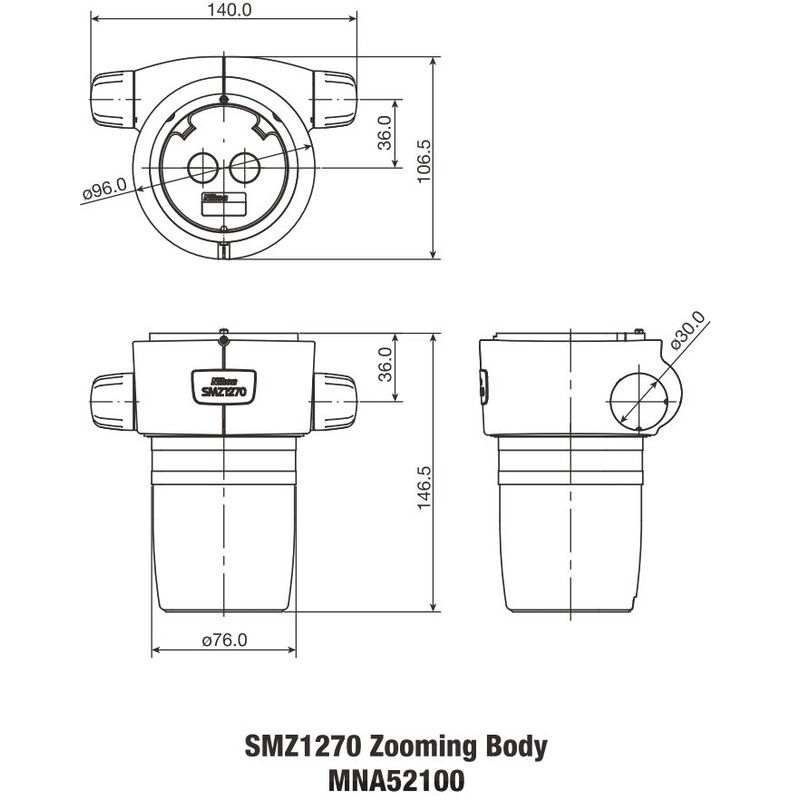 Nikon Cabeça estereoscópica SMZ-1270 Stereo Zoom Head, bino, 6.3-80x, click stop, ratio 12.7:1, 64 mm, 20°, WD 70 mm