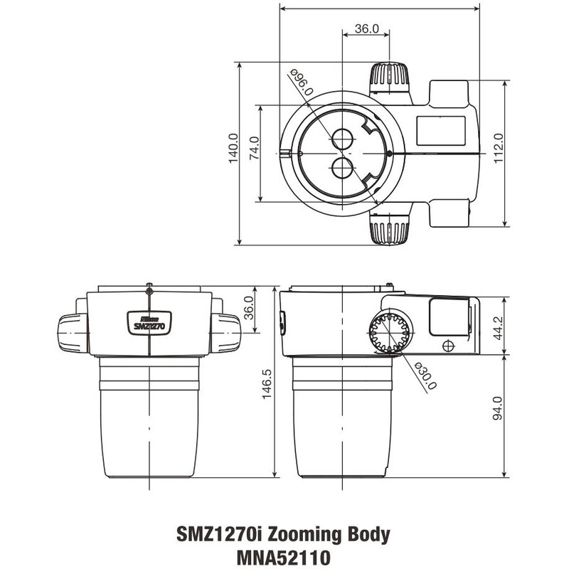 Nikon Cabeça estereoscópica SMZ-1270i Stereo Zoom Head, trino, 6.3-80x, click stop, ratio 12.7:1, 64 mm, 0-30°, WD 70 mm