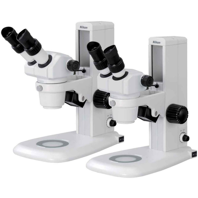 Nikon Microscópio estéreo zoom SMZ445, bino, 0.8x-3.5x, 45°, FN21, L.D.100mm, suporte de braço único