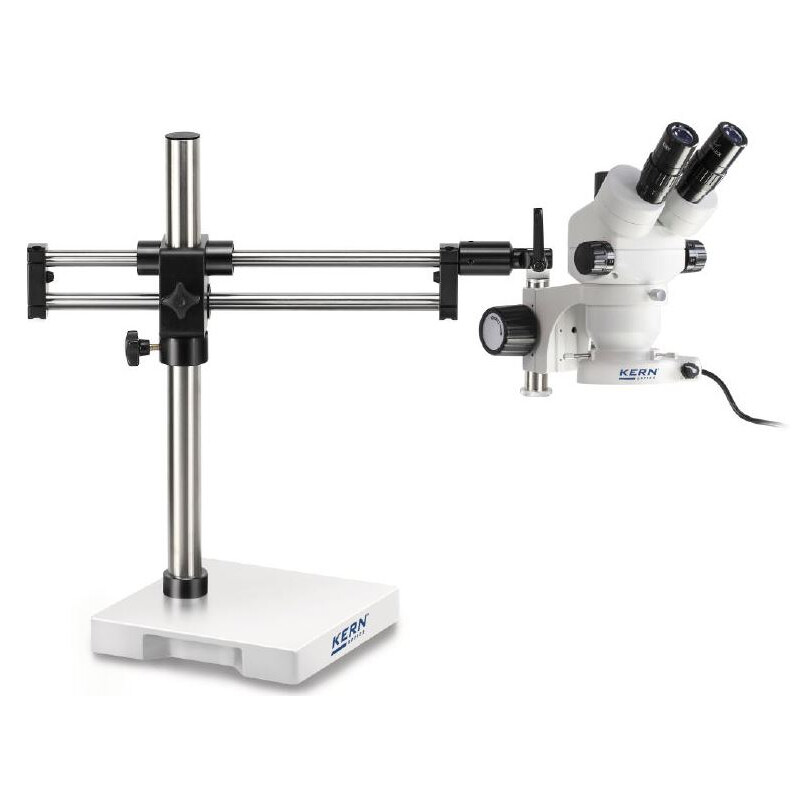 Kern Microscópio estéreo zoom OZM 932, bino, 7-45x, HSWF 10x23 mm, Tripé braço duplo, 430x480mm, w. tampo da mesa, Anel de luz LED 4.5 W