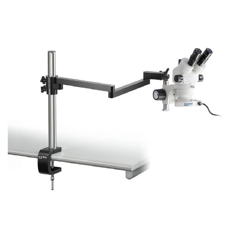 Kern Microscópio estéreo zoom OZM 952, bino, 7-45x , HSWF 10x23 mm, Braço articulado metálico, grampo de mesa, Anel de luz LED 4.5W