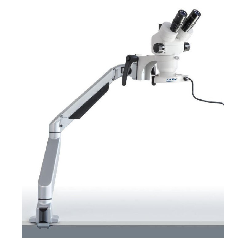 Kern Microscópio estéreo zoom OZM 982, bino 7-45x, HSWF 10x23 mm, Braço articulado metálico, mola, grampo de mesa, anel luminoso LED 4,5W