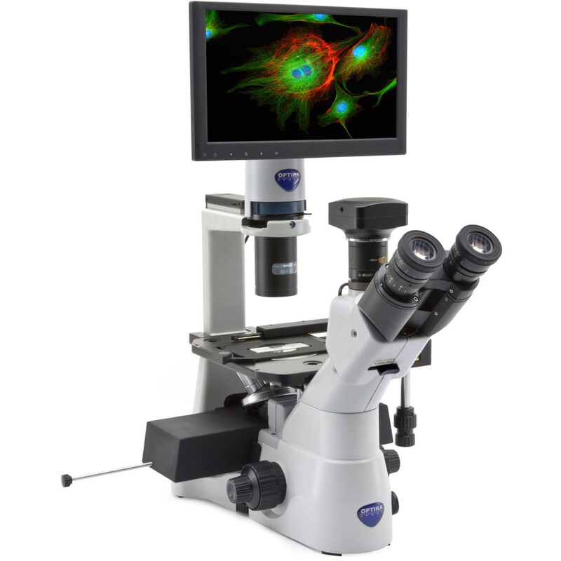 Optika Microscópio invertido IM-3LD4D, 6MP, Mostrador de 12", trino, IOS U-PLAN F, LED 12, LWD, 400x, 4 ranhuras para filtros vazias