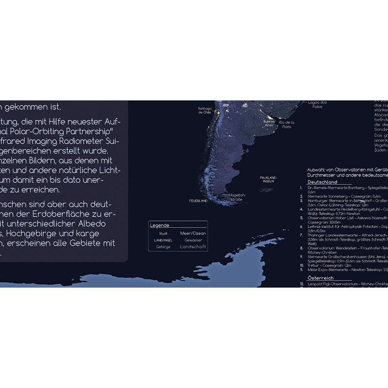 Astronomie-Verlag Poster Die Erde bei Nacht und Sternwarten der Welt