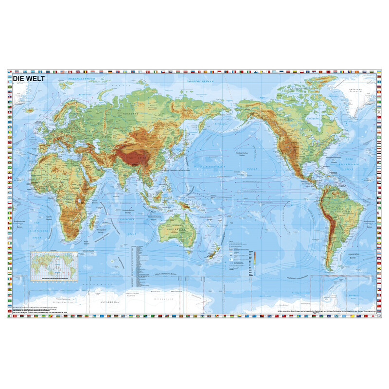 Stiefel Mapa físico do mundo centrado no Pacífico com borda com bandeiras (98 x 68 cm)