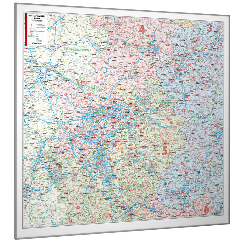 Bacher Verlag Mapa regional Renânia do Norte-Vestefália com códigos postais (152 x 150 cm)