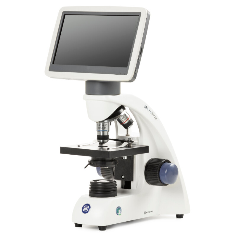 Euromex Microscópio MicroBlue, MB.1001-LCD, ecrã LCD de 5,6 polegadas, Objectivas 4/10/S40x, DIN 35mm perf., 40x - 400x, LED 1W, Estante de amostra simples