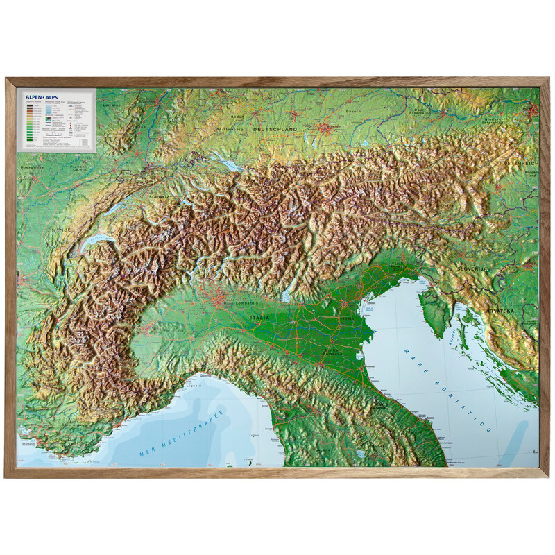 Georelief Alpes (77 x 57 cm) Mapa em relevo 3D com moldura de madeira
