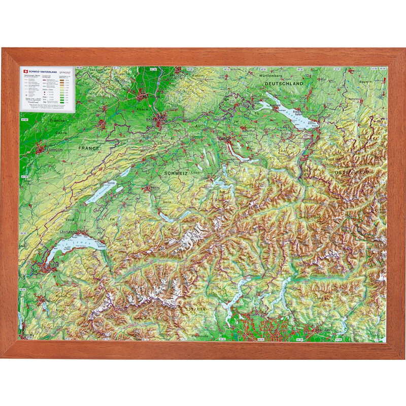 Georelief Suíça (39x29) Mapa 3D em relevo com moldura de madeira