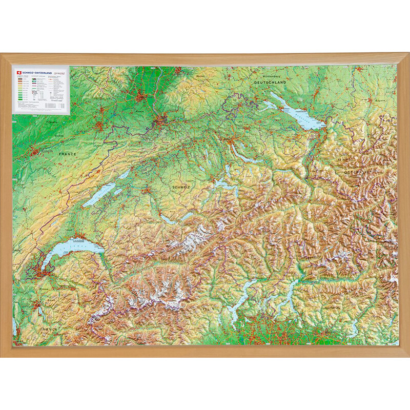 Georelief Suíça (77x57) Mapa 3D em relevo com moldura de madeira
