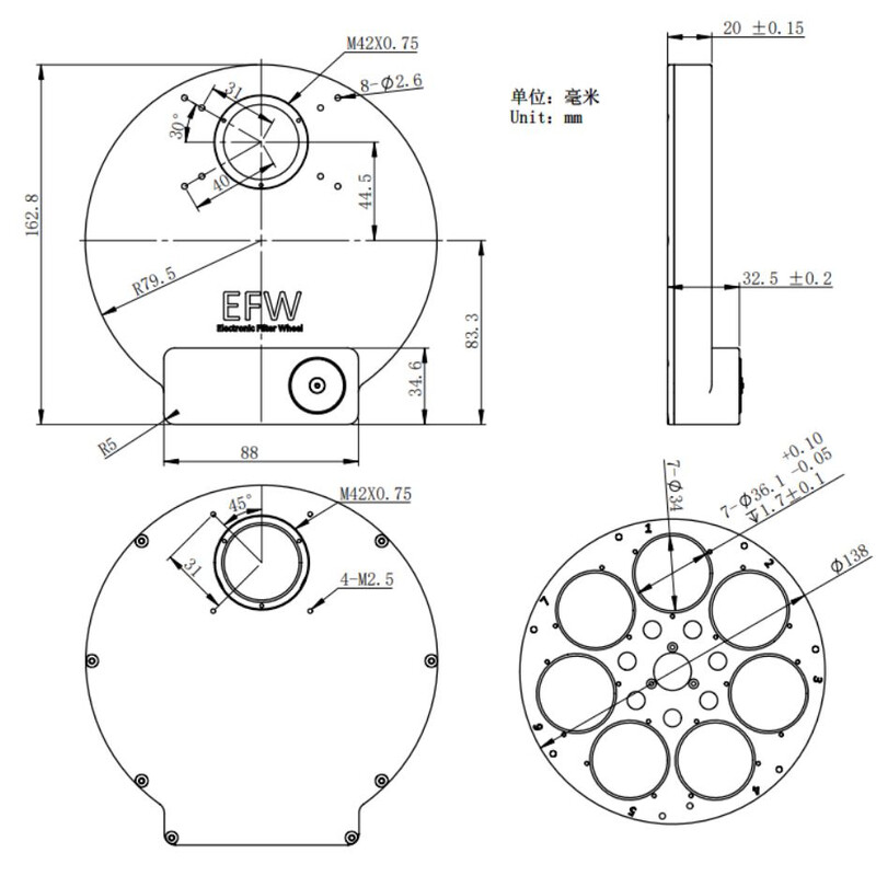 ZWO Roda de filtros motorizada EFW 7x36mm II