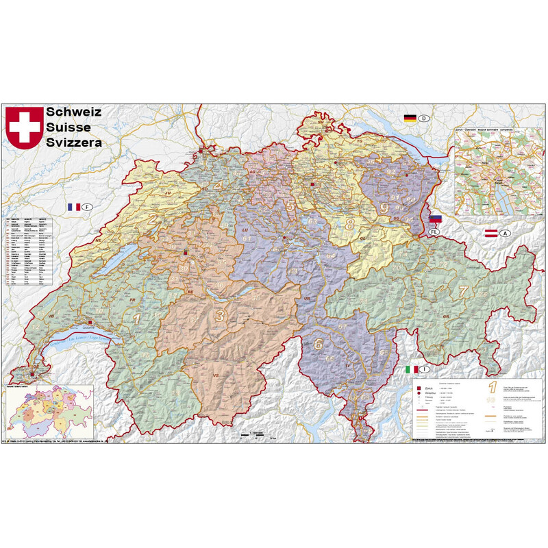 Stiefel Mapa político da Suíça com códigos postais (95 x 62 cm)