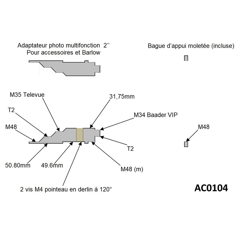 Pierro Astro Adaptador de câmera 50.80mm para T2 e M48 para Barlow