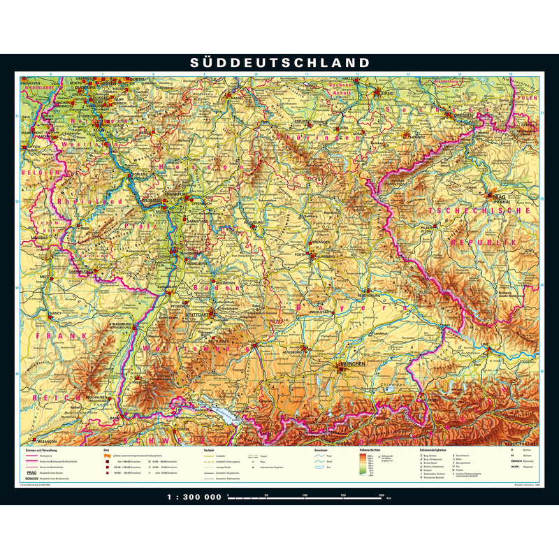 PONS Mapa regional Sul da Alemanha físico (243 x 197 cm)