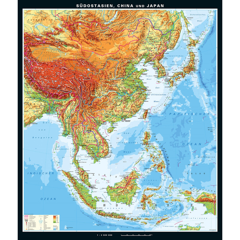 PONS Mapa regional Sudeste Asiático, China e Japão físico (199 x 231 cm)