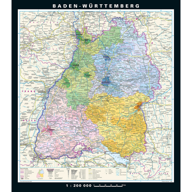 PONS Mapa regional Baden-Württemberg fisicamente e politicamente (148 x 168 cm)