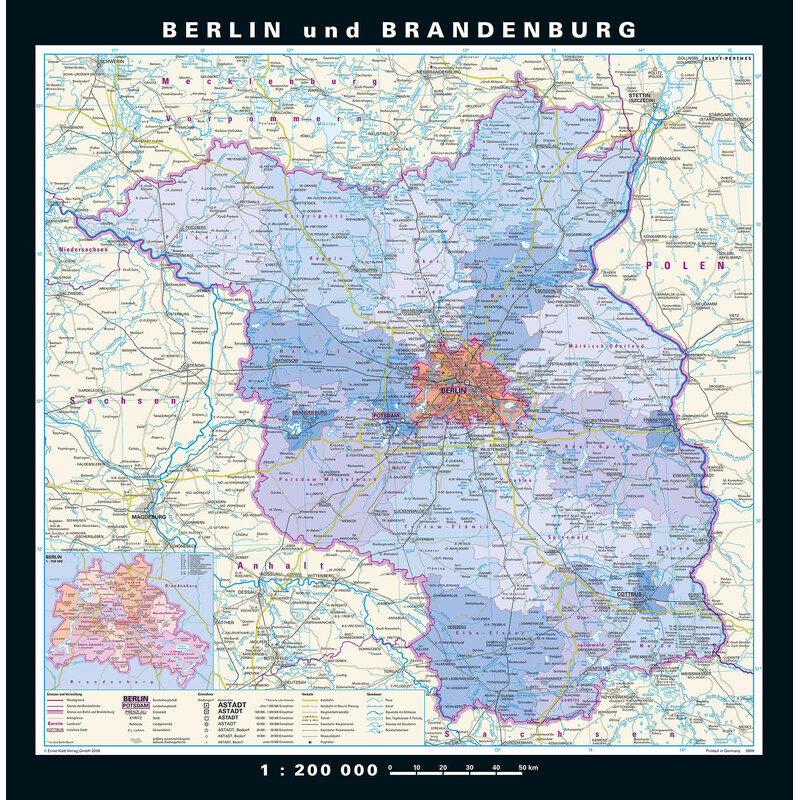PONS Mapa regional Berlim-Brandenburgo fisicamente e politicamente (148 x 150 cm)