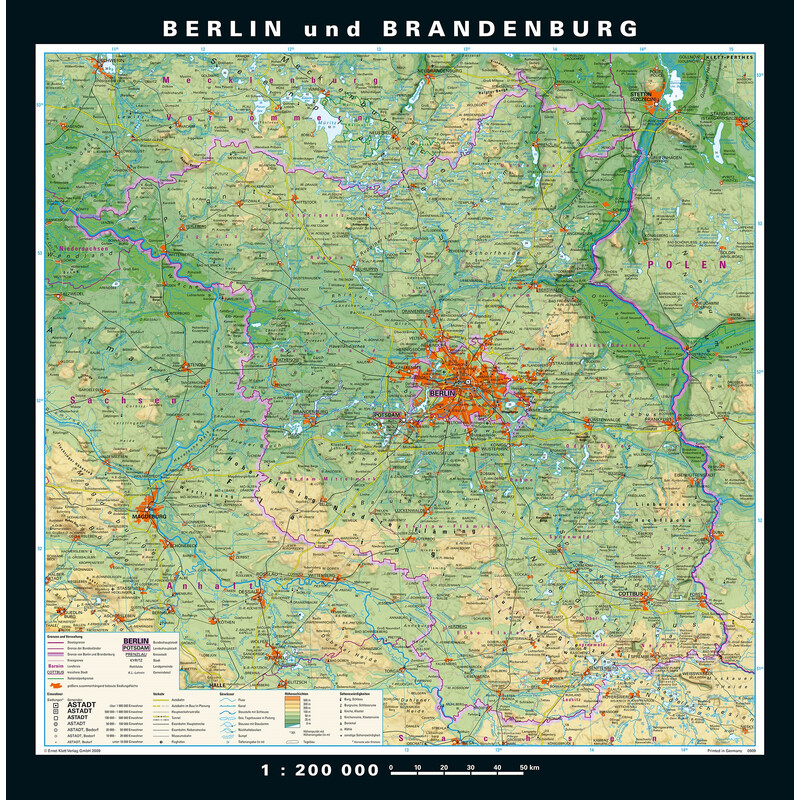 PONS Mapa regional Berlim-Brandenburgo fisicamente e politicamente (148 x 150 cm)