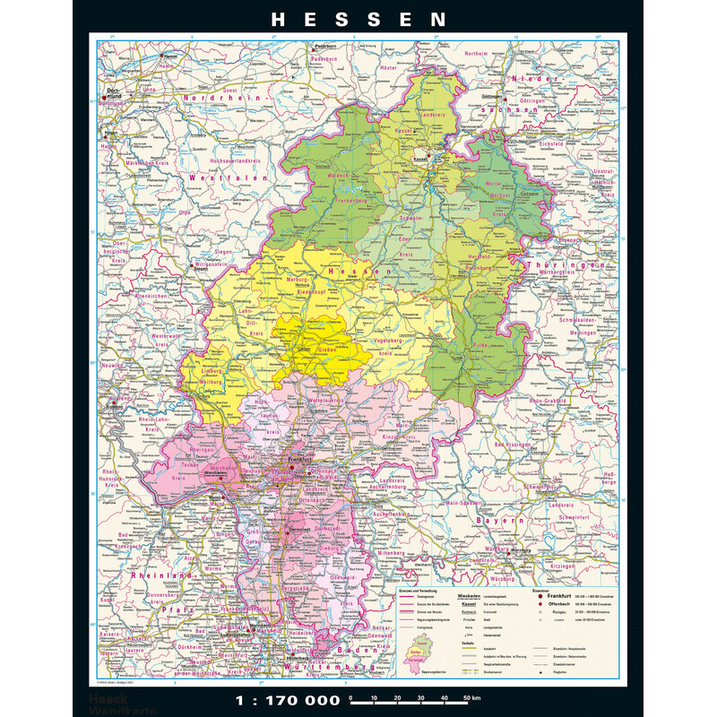 PONS Mapa regional Hessen fisicamente e politicamente (148 x 183 cm)