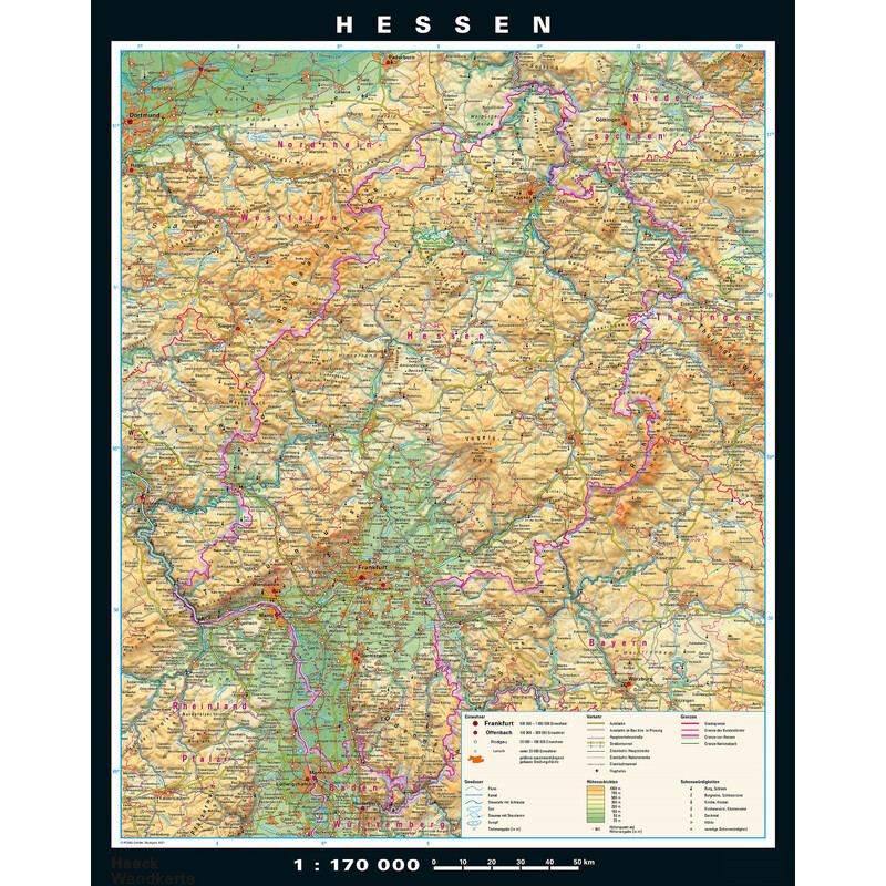 PONS Mapa regional Hessen fisicamente e politicamente (148 x 183 cm)