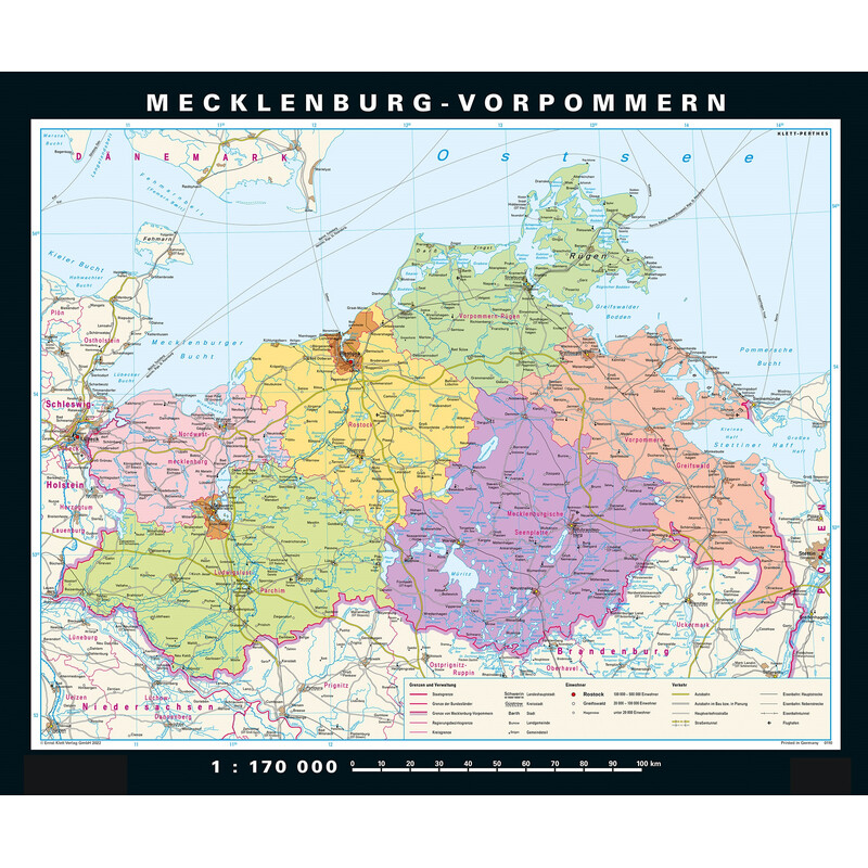PONS Mapa regional Mecklenburg-Vorpommern fisicamente e politicamente (178 x 148 cm)