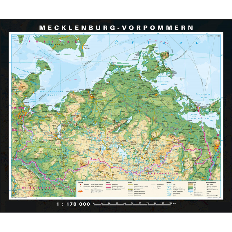PONS Mapa regional Mecklenburg-Vorpommern fisicamente e politicamente (178 x 148 cm)