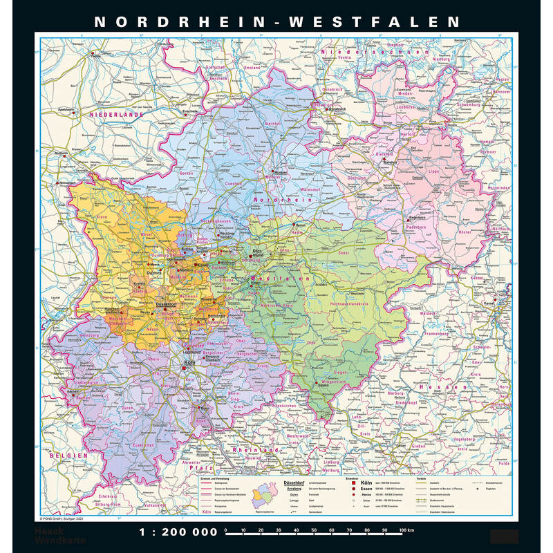 PONS Mapa regional Nordrhein-Westfalen physisch/politisch (148 x 155 cm)