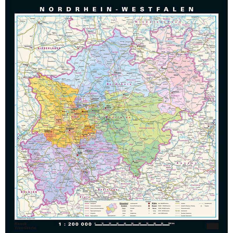 PONS Mapa regional Renânia do Norte-Vestefália fisicamente e politicamente (148 x 155 cm)