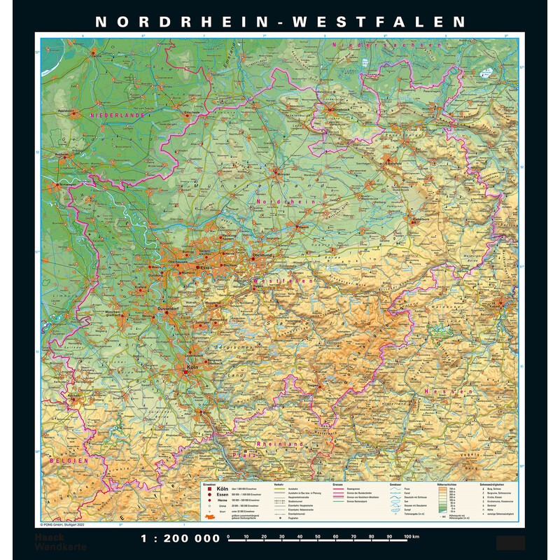 PONS Mapa regional Renânia do Norte-Vestefália fisicamente e politicamente (148 x 155 cm)
