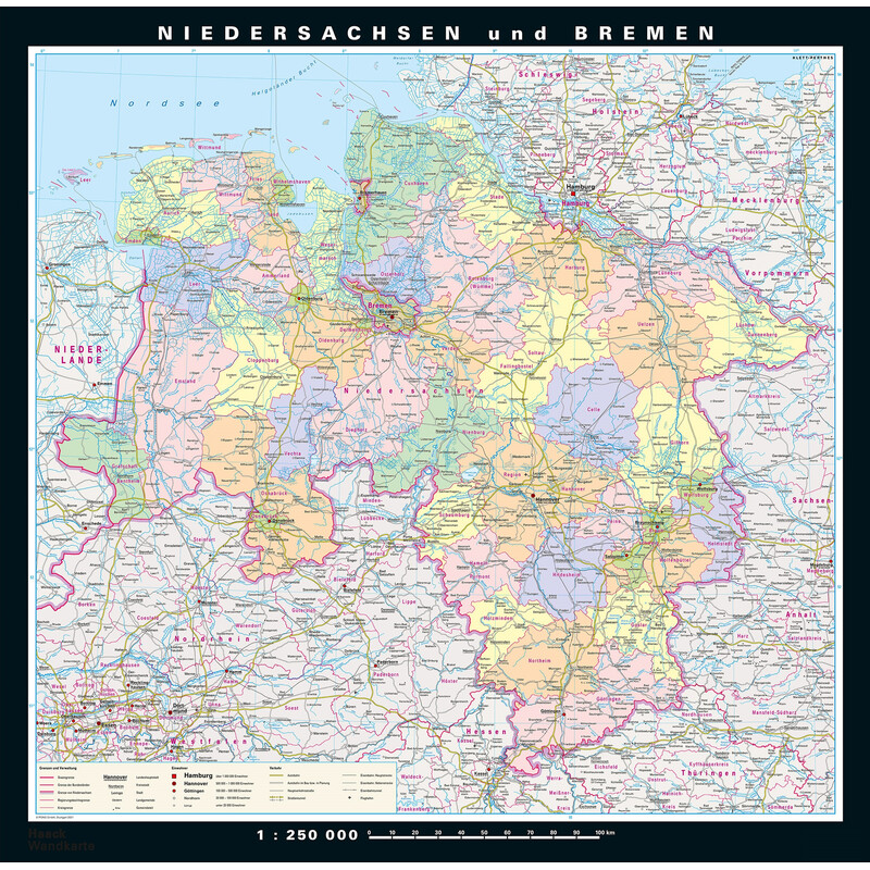 PONS Mapa regional Baixa Saxónia e Bremen fisicamente e politicamente (148 x 150 cm)