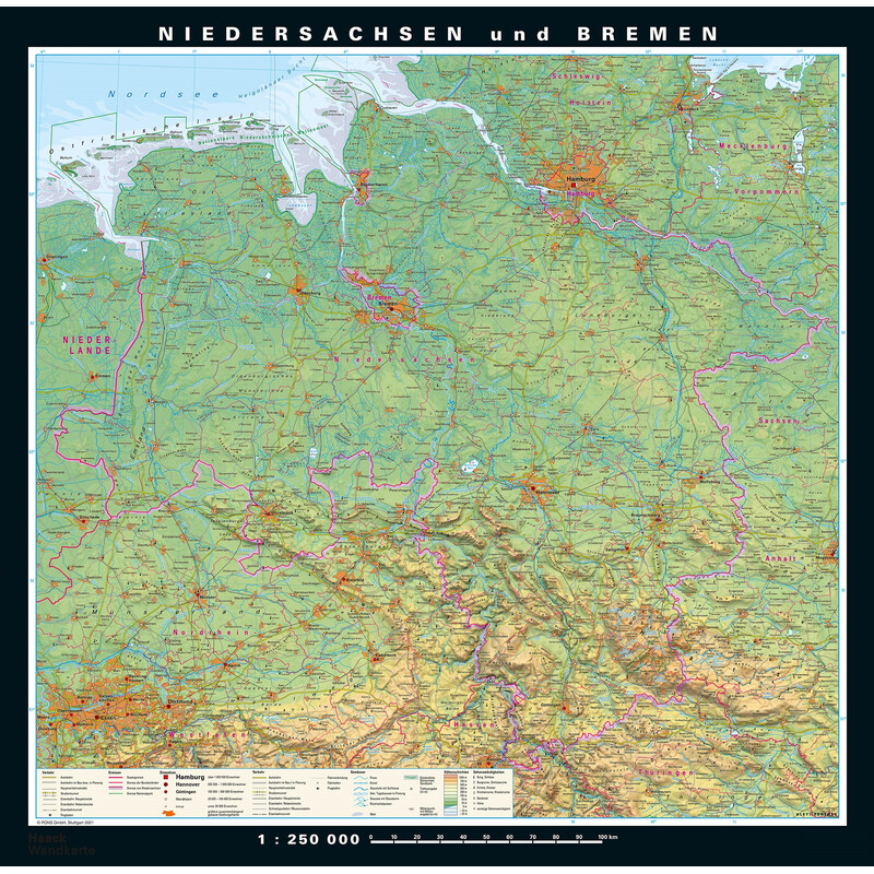 PONS Mapa regional Baixa Saxónia e Bremen fisicamente e politicamente (148 x 150 cm)