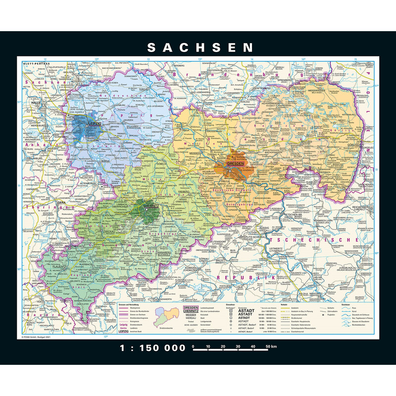 PONS Mapa regional Saxónia fisicamente e politicamente (176 x 148 cm)