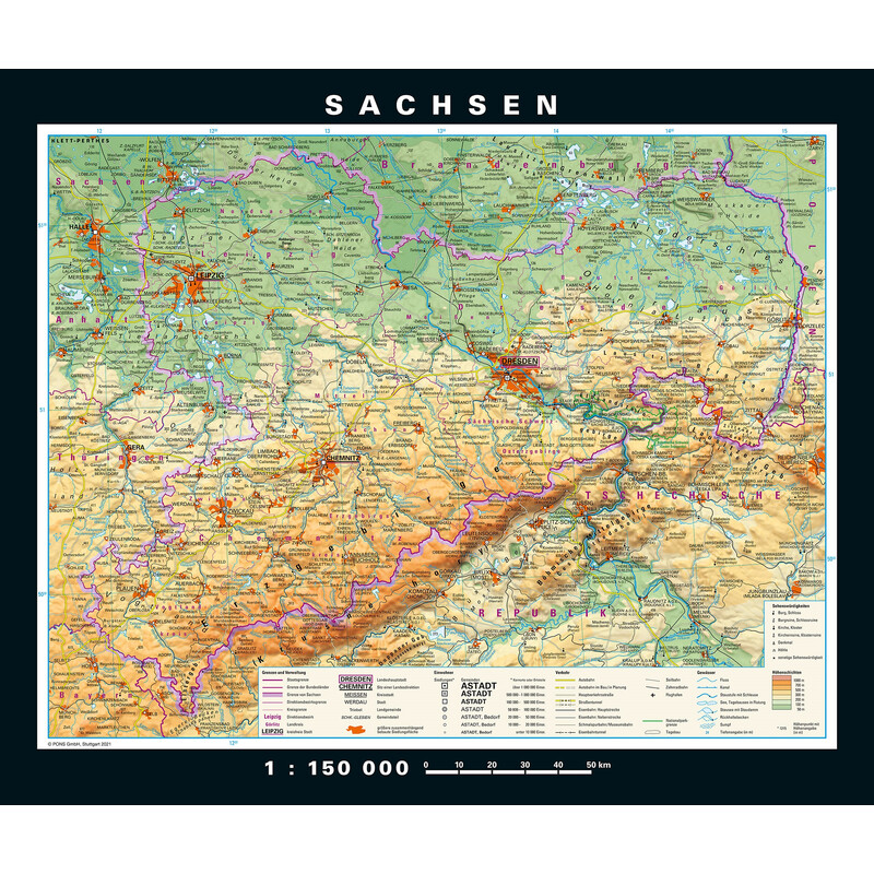 PONS Mapa regional Saxónia fisicamente e politicamente (176 x 148 cm)