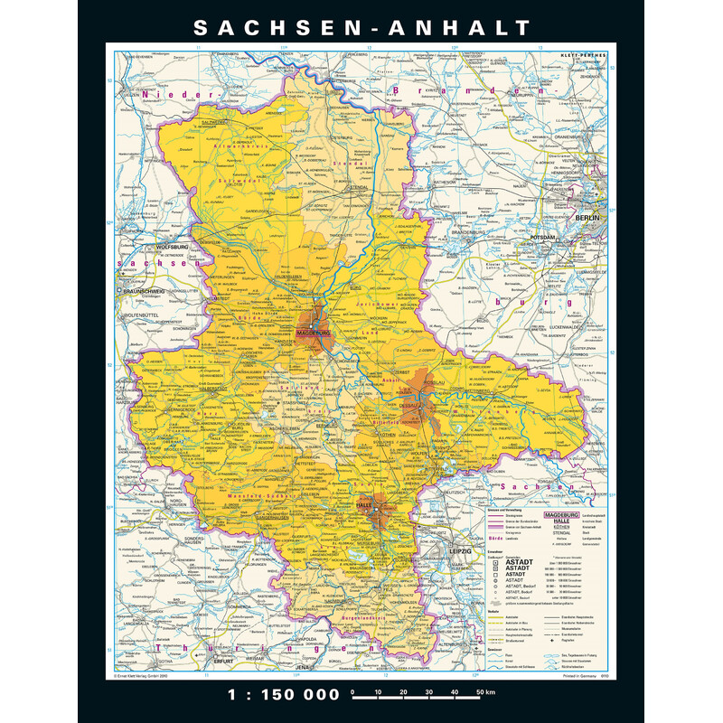 PONS Mapa regional Saxónia-Anhalt fisicamente e politicamente (148 x 188 cm)