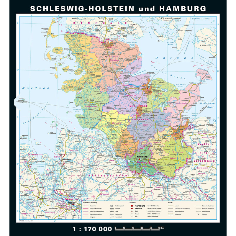 PONS Mapa regional Schleswig-Holstein e Hamburgo fisicamente e politicamente (148 x 175 cm)
