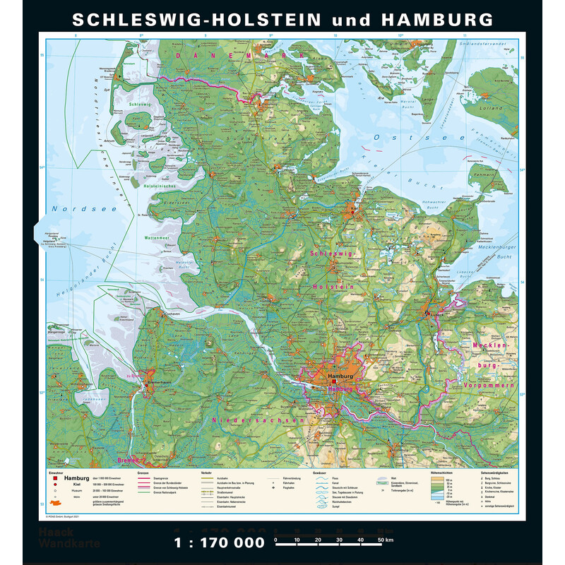 PONS Mapa regional Schleswig-Holstein e Hamburgo fisicamente e politicamente (148 x 175 cm)