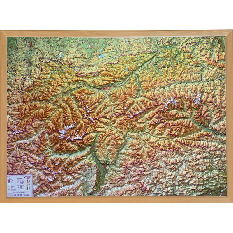 Georelief Mapa em relevo 3D do Tirol (78 x 58 cm) com Quadro de madeira
