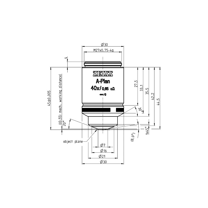 ZEISS objetivo Lente objetiva A-Plan 40x/0.65 D=0 wd=0.55mm