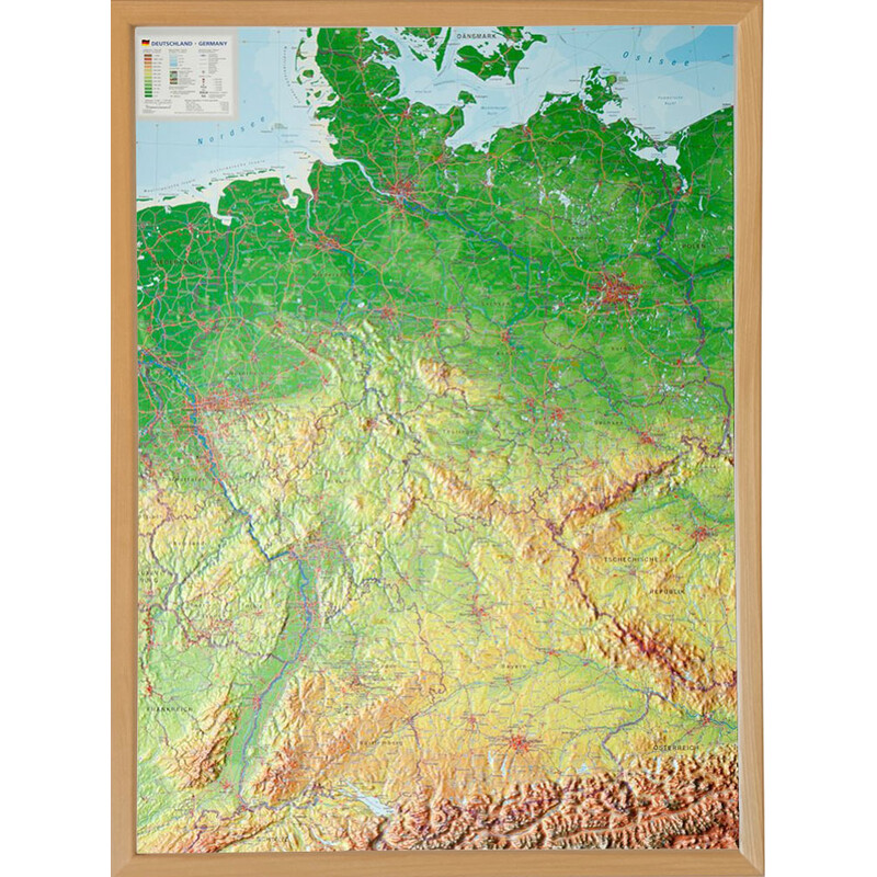 Georelief Mapa 3D em relevo da Alemanha (77x57) com Quadro de madeira