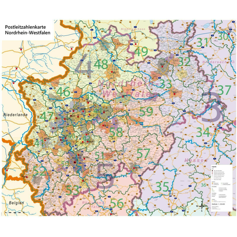 GeoMetro Mapa regional Nordrhein-Westfalen Postleitzahlen PLZ NRW (118 x 100 cm)