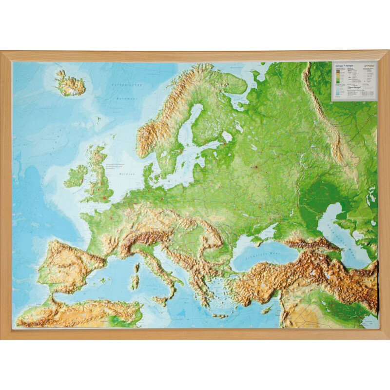 Georelief Mapa 3D em relevo da Europa (78x58) com Quadro de madeira