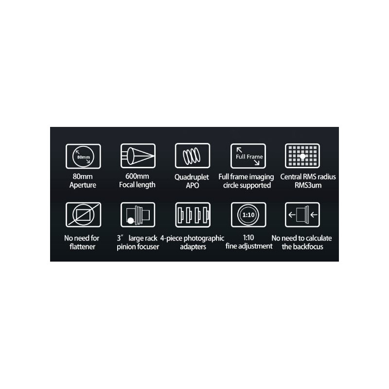 ZWO Refrator apocromático FF80 AP 80/600 Quadruplet OTA