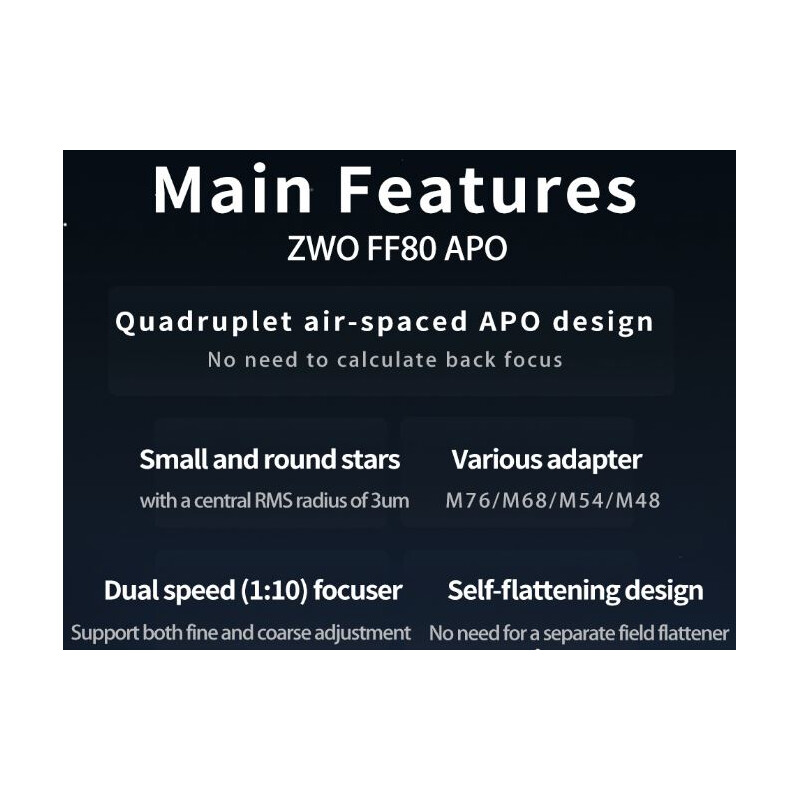 ZWO Refrator apocromático FF80 AP 80/600 Quadruplet OTA