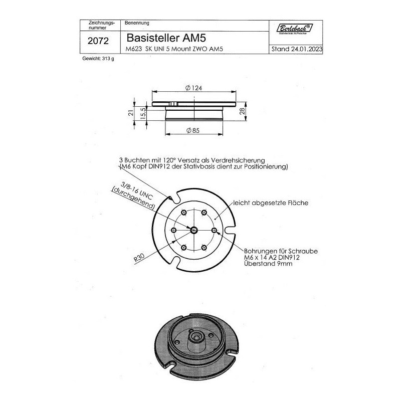 Berlebach Placa adaptadora que serve para o ZWO AM5