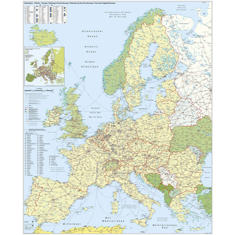 Stiefel mapa de continente Europa: Eisenbahn und Fähren (97 x 119 cm)