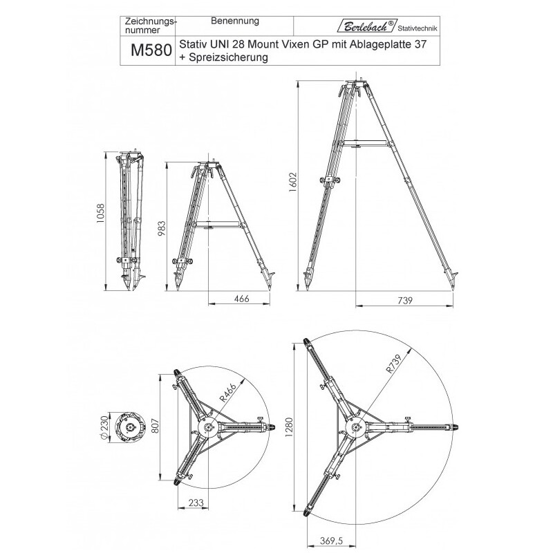 Berlebach Tripé Uni 28 com placa de suporte plana de 3/8