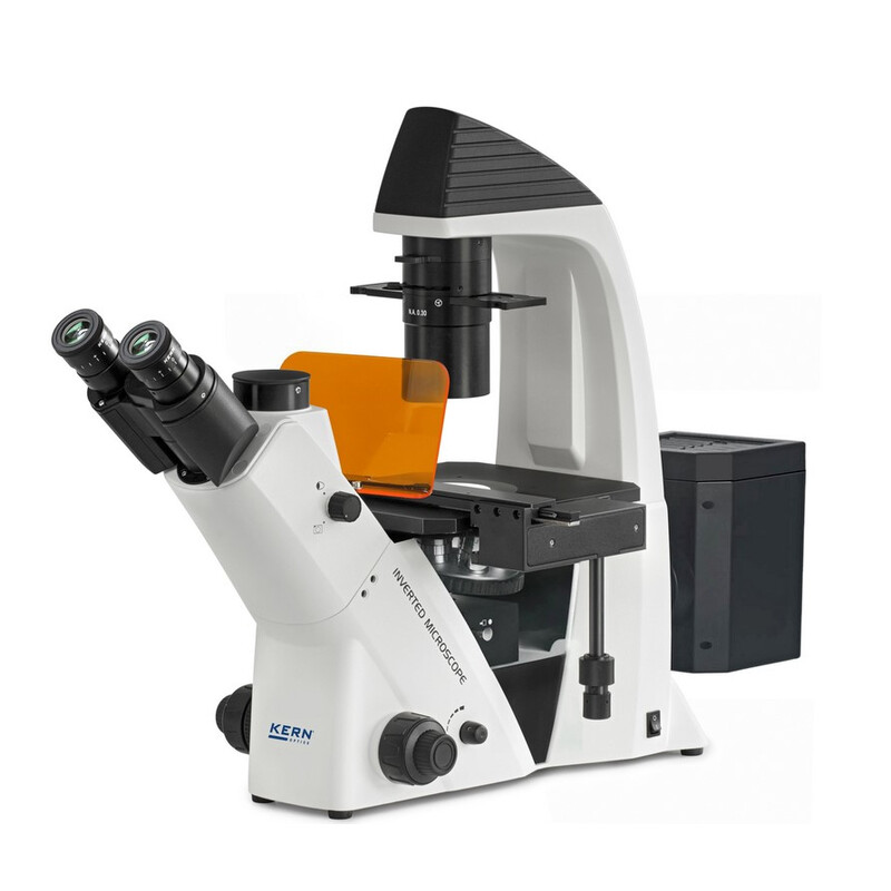 Kern Microscópio invertido OCM 166, FL, PH, trino, inverso, Condensador N.A. 0,3 fixo, 10x-40x, 30W LED, Al, 100W HBO, Dl