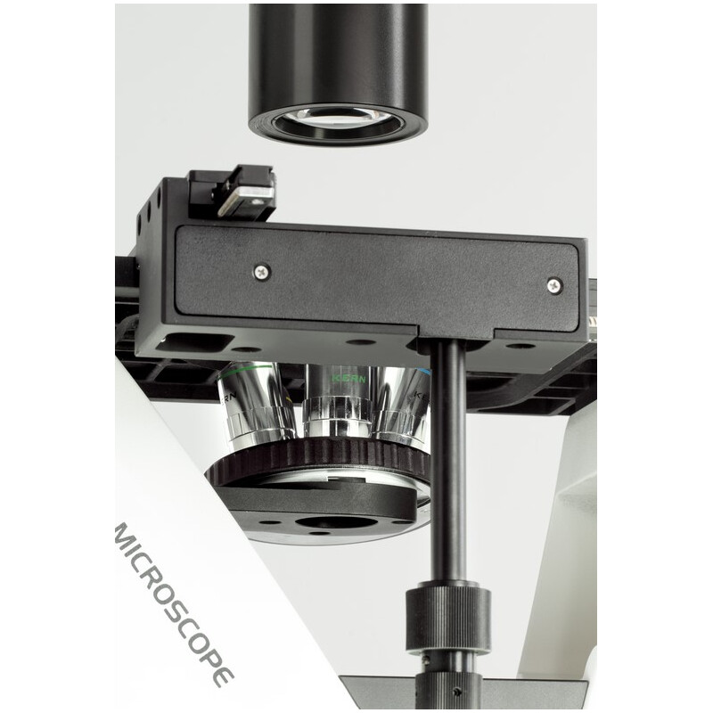 Kern Microscópio invertido OCM 166, FL, PH, trino, inverso, Condensador N.A. 0,3 fixo, 10x-40x, 30W LED, Al, 100W HBO, Dl