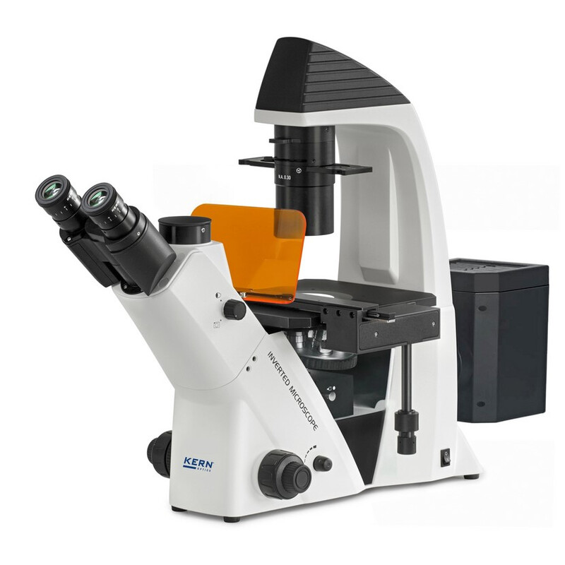Kern Microscópio invertido OCM 167, FL, PH, trino, Condensador N.A. 0,3 fixo, 10x-40x, Al, Dl, 5W LED