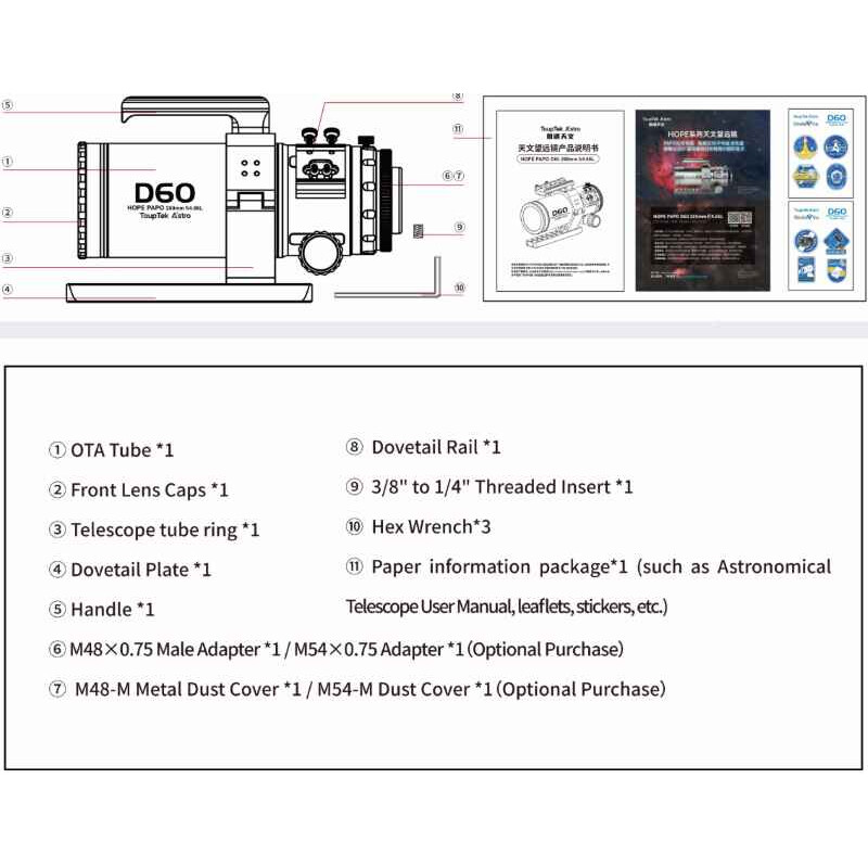 ToupTek Refrator apocromático HOPE D60 60/280 Inclinador